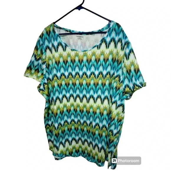 Catherines Scoopneck Tee Green Blue Artsy Boho Short Sleeve Size 2X - Picture 1 of 4